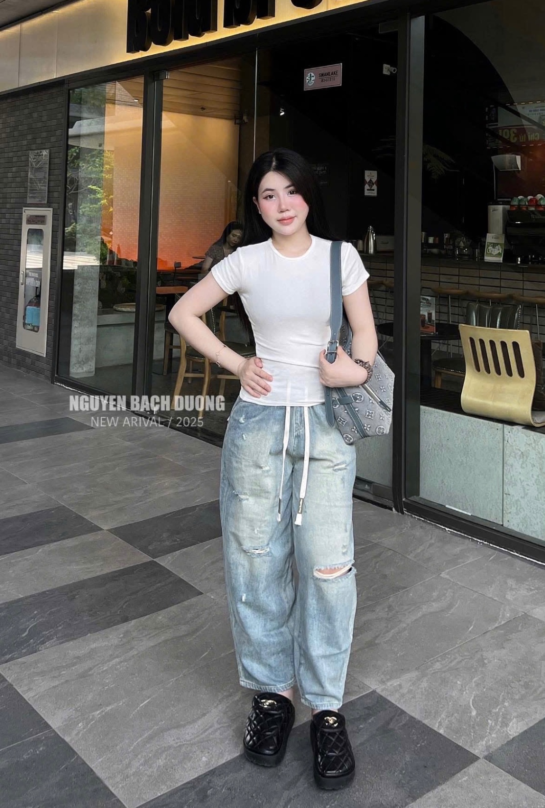 QUẦN JEAN BAGGY XANH RÁCH GỐI BUỘC DÂY