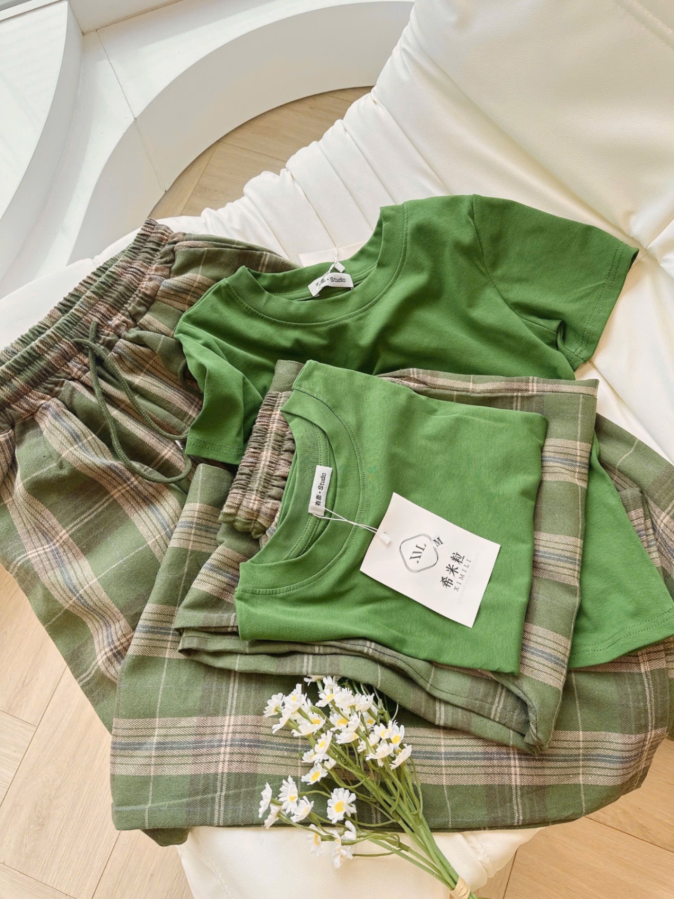 SET AO PULL CỘC MIX QUẦN KẺ XANH LA