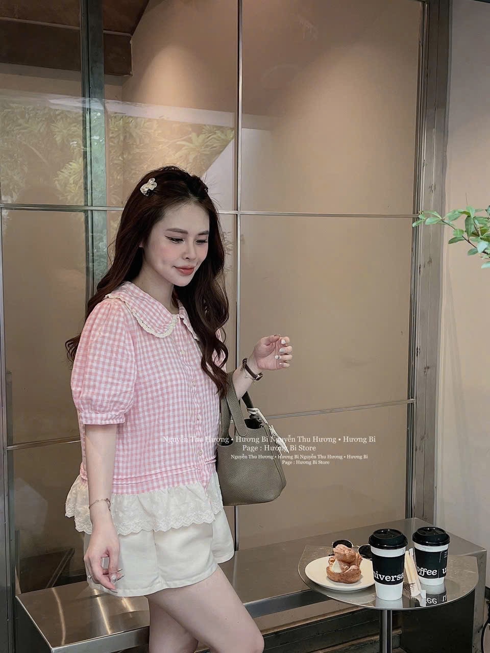 SET ÁO SƠ MI KẺ HỒNG PHỐI REN MIX QUẦN SOOC TRẮNG