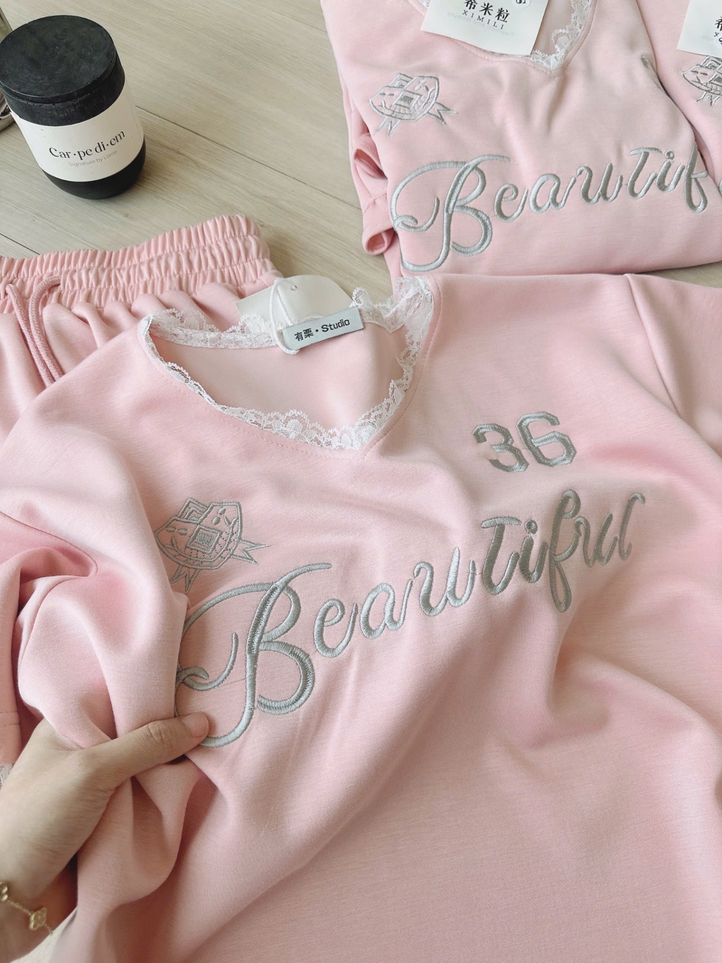 BỘ ĐÙI HỒNG CỔ TIM THÊU CỔ REN BEAUTI