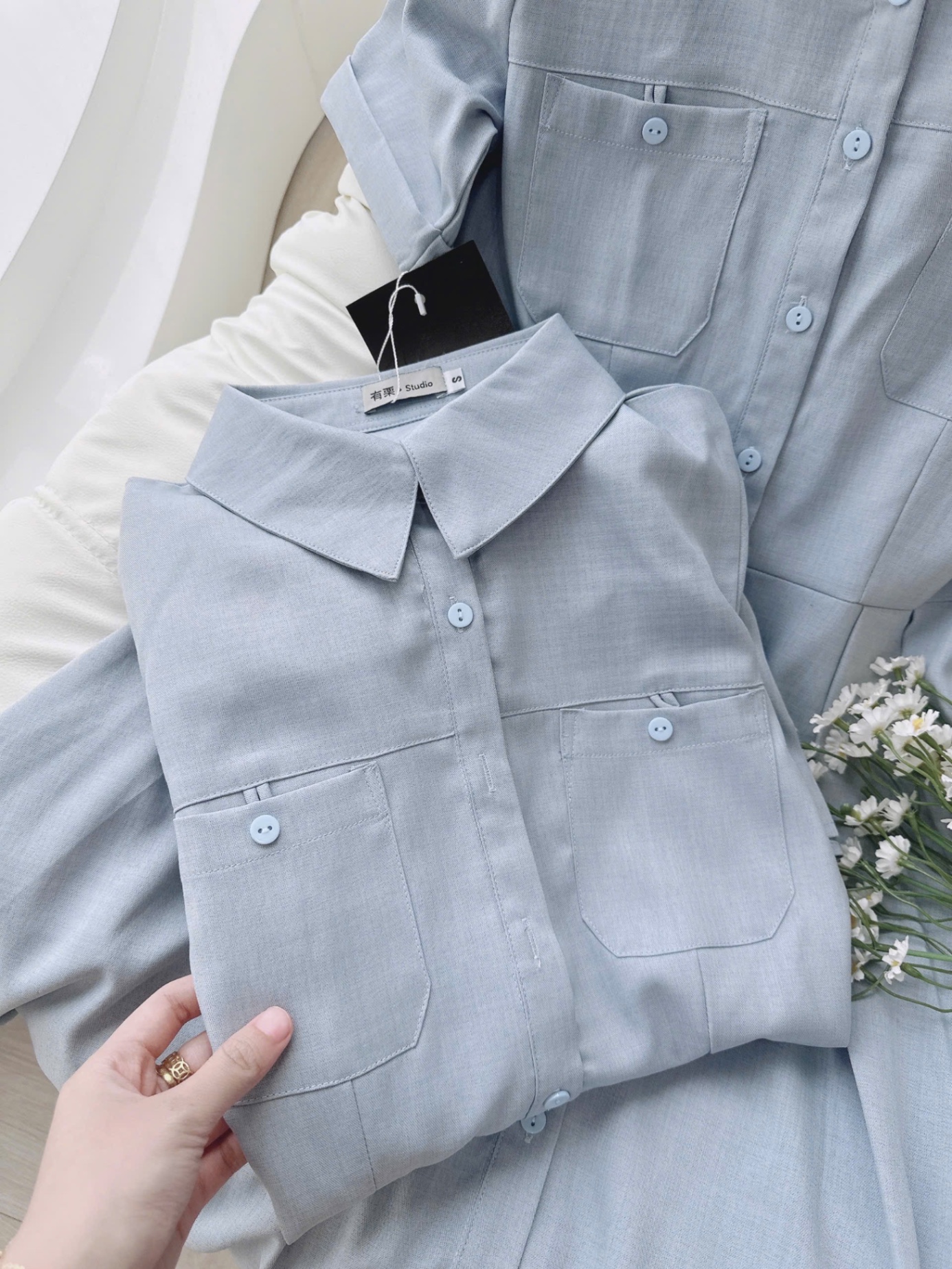 VÁY XANH XẾP LY TÚI NGỰC DÁNG DÀI