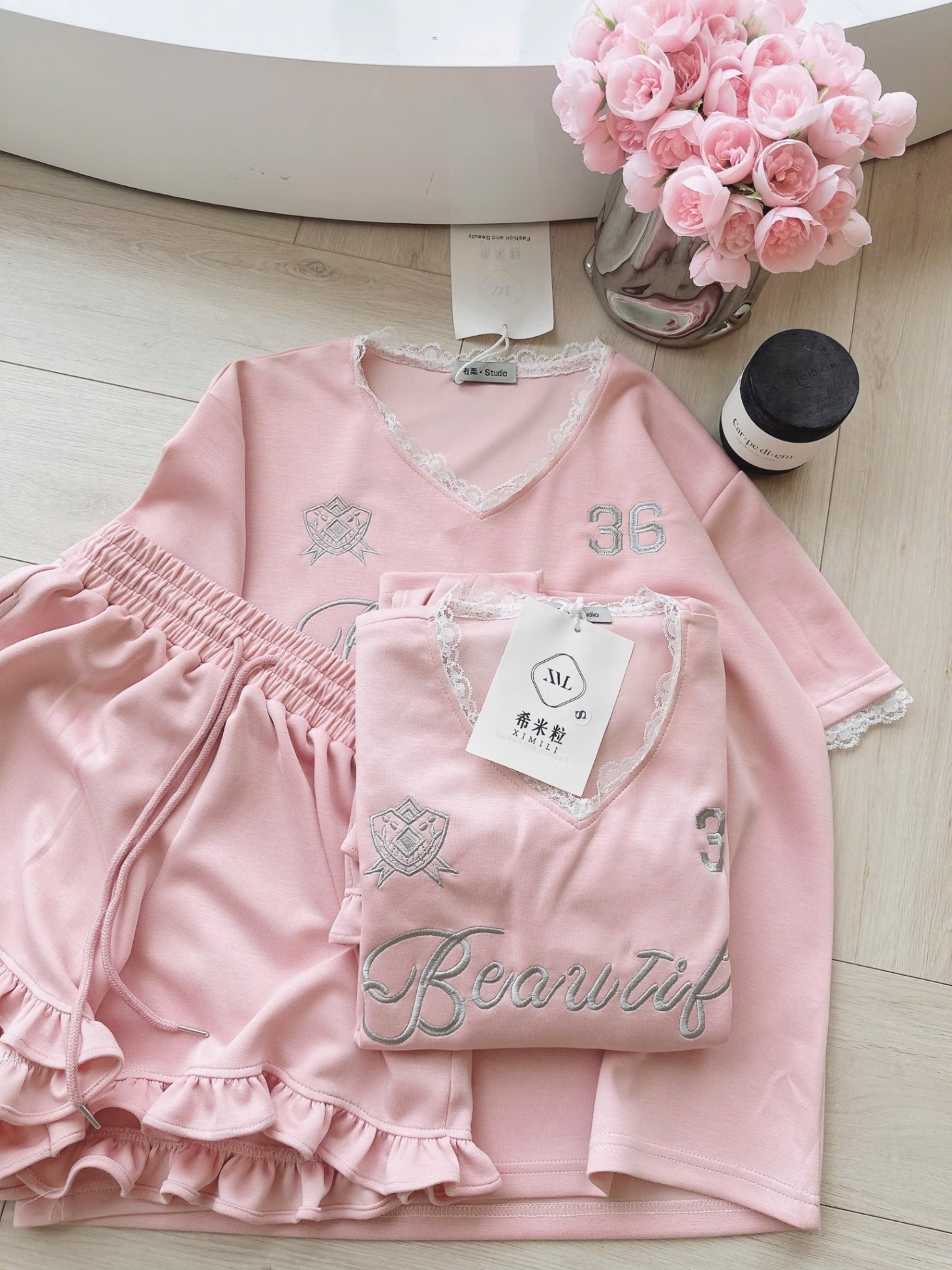 BỘ ĐÙI HỒNG CỔ TIM THÊU CỔ REN BEAUTI
