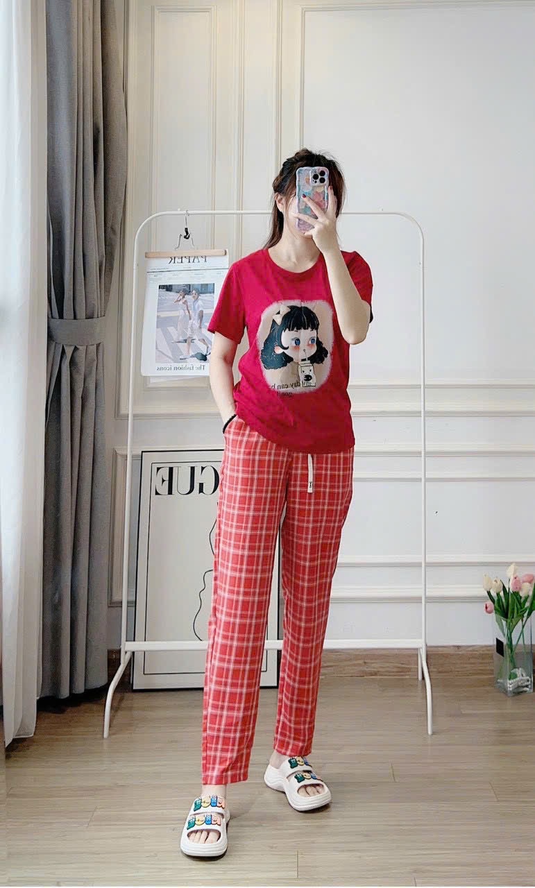 XẢ KHO BỘ CỘC CÔ GÁI QUẦN KẺ TRẮNG ĐỎ HỒNG