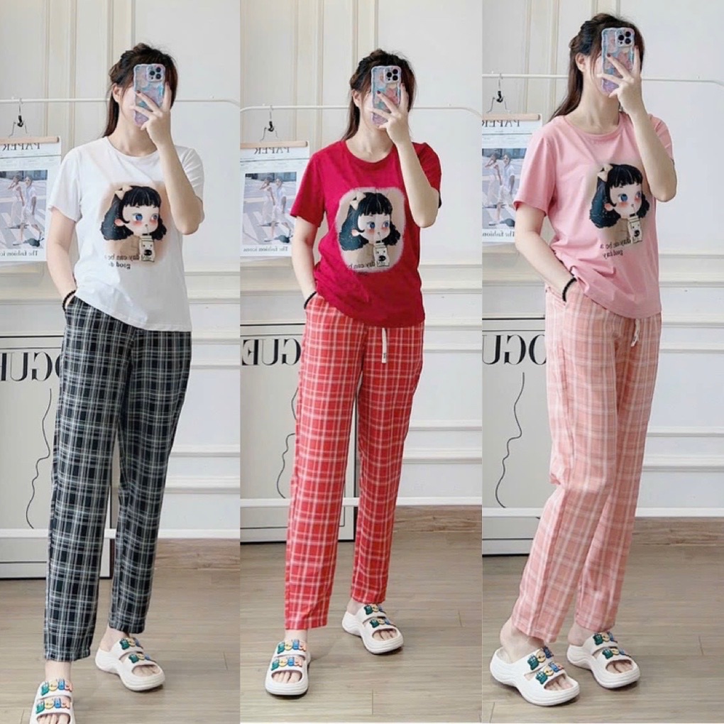 XẢ KHO BỘ CỘC CÔ GÁI QUẦN KẺ TRẮNG ĐỎ HỒNG