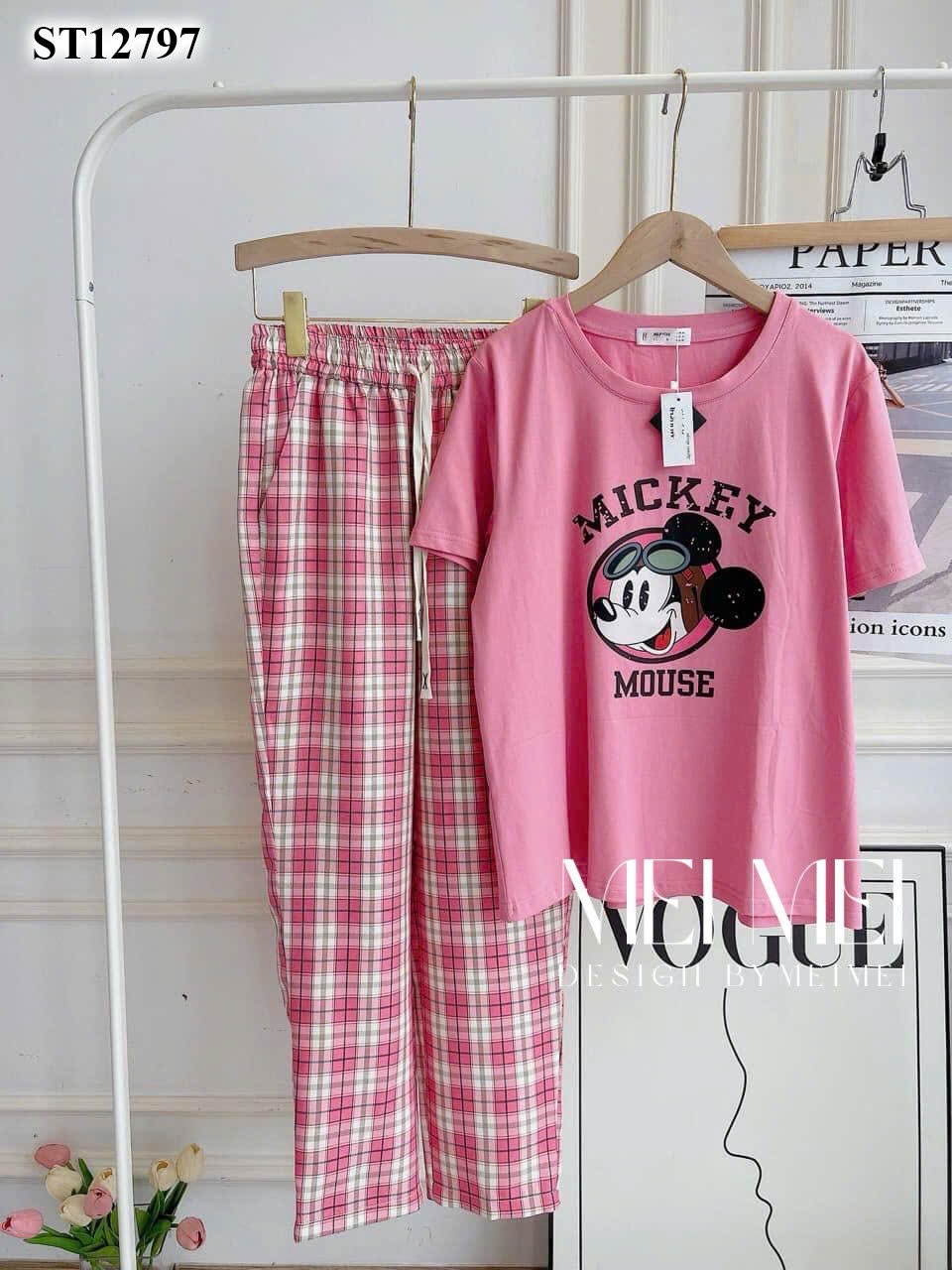 XẢ KHO BỘ MICKEY QUẦN KẺ ĐEN TÍM HỒNG
