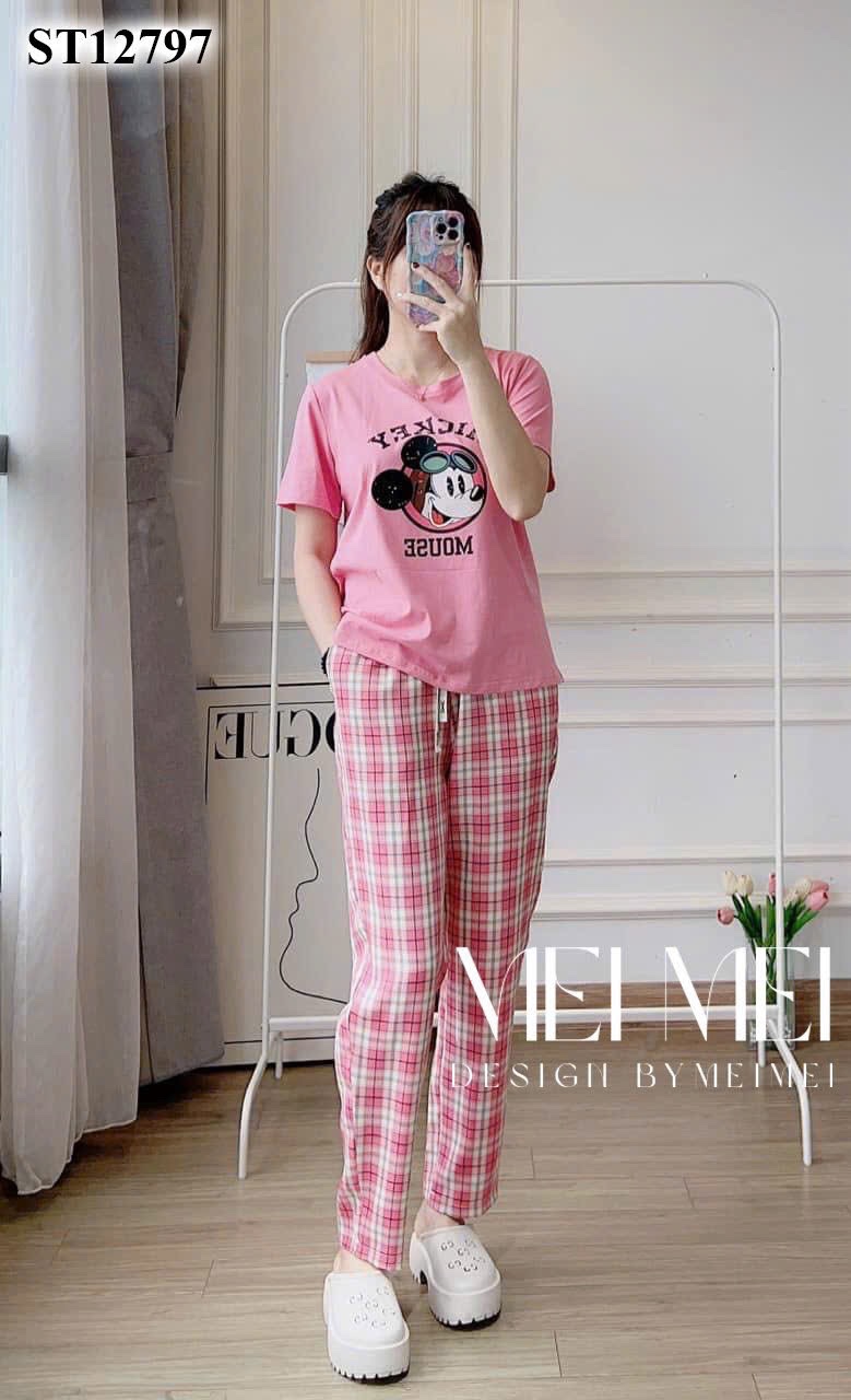 XẢ KHO BỘ MICKEY QUẦN KẺ ĐEN TÍM HỒNG
