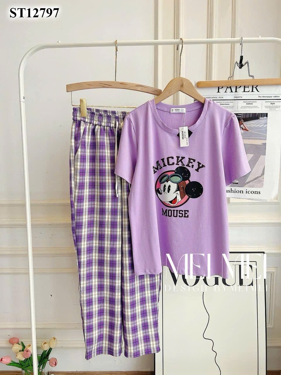 XẢ KHO BỘ MICKEY QUẦN KẺ ĐEN TÍM HỒNG