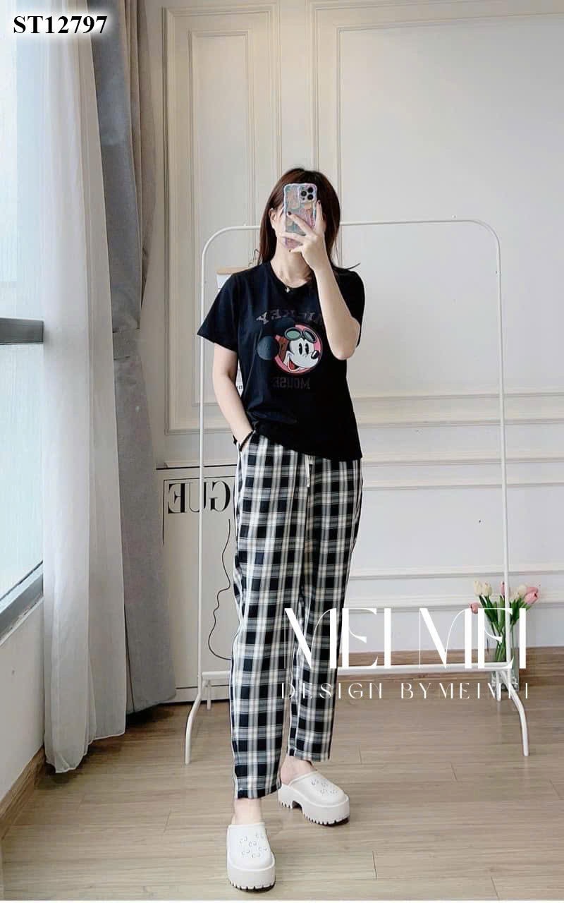 XẢ KHO BỘ MICKEY QUẦN KẺ ĐEN TÍM HỒNG