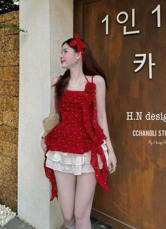SET ÁO ĐŨI ĐỎ HOA TẾT MIX CV TẦNG