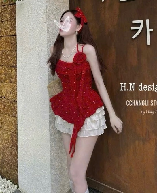 SET ÁO ĐŨI ĐỎ HOA TẾT MIX CV TẦNG