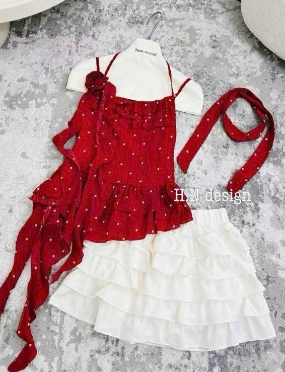 SET ÁO ĐŨI ĐỎ HOA TẾT MIX CV TẦNG