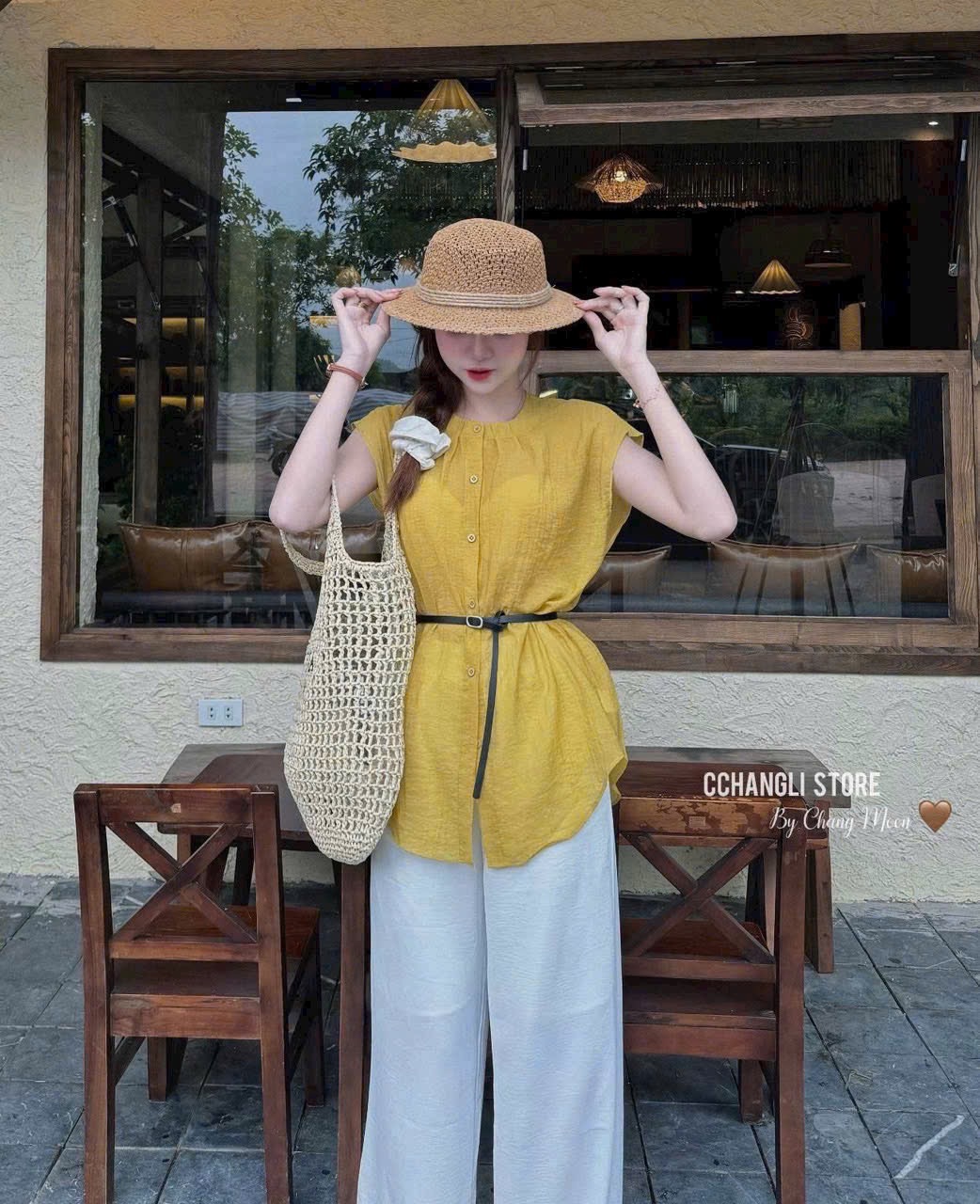 SET SƠ MI VÀNG KÈM ĐAI MIX QUẦN SUÔNG TRẮNG