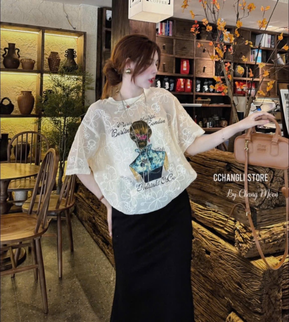 ÁO TƠ REN CÔ GÁI ÁO XANH HOA NỔI