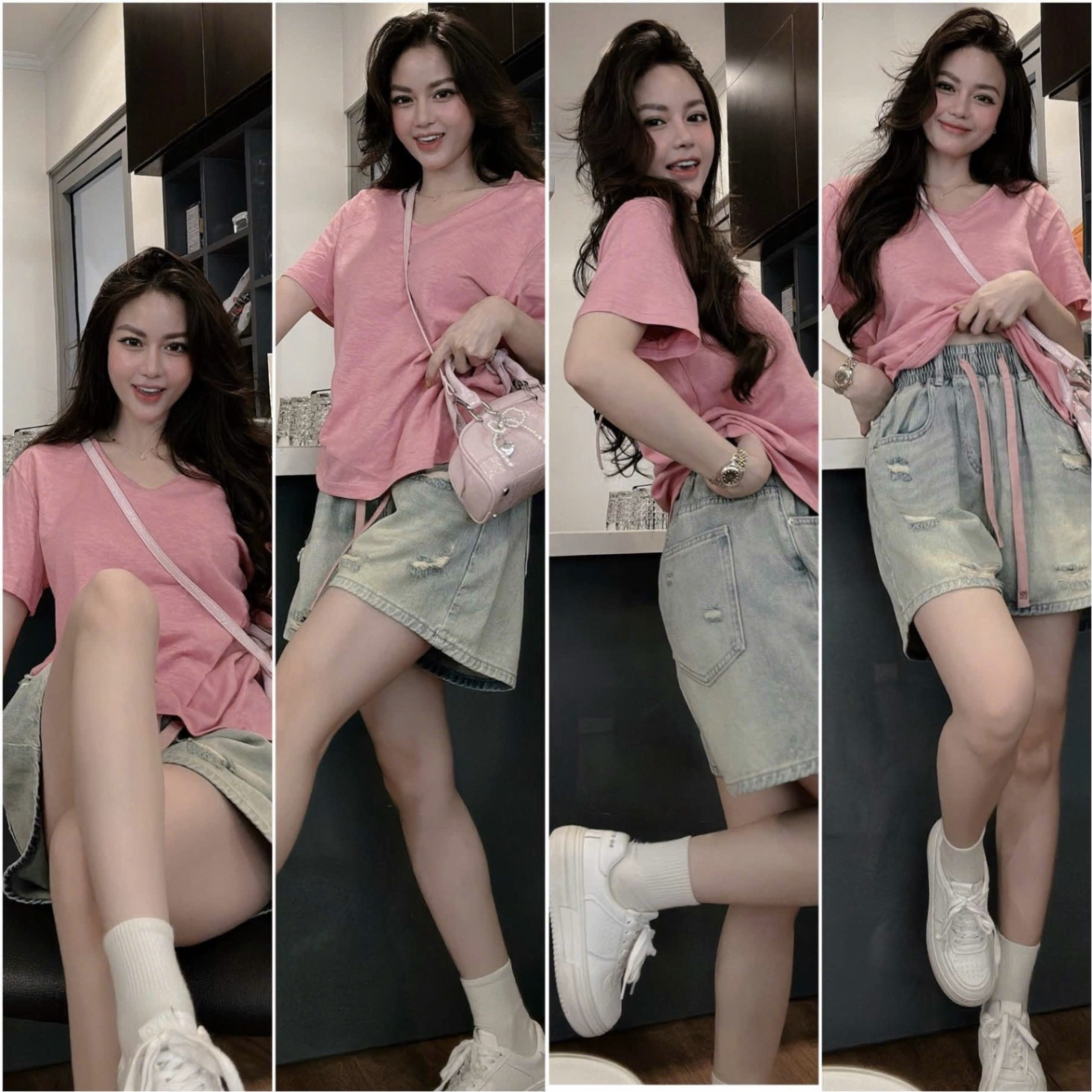 SET AO HỒNG CỘC CỔ TIM MIX QUẦN JEAN