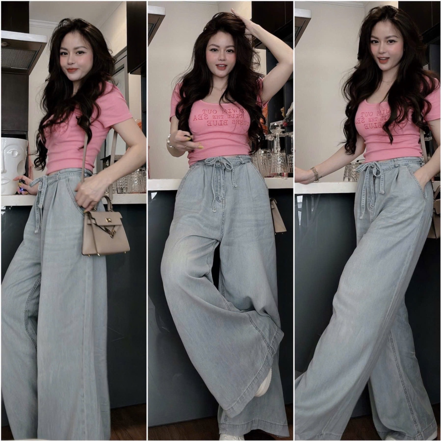 SÉT ÁO HỒNG CỘC TAY SWIM QUẦN JEAN