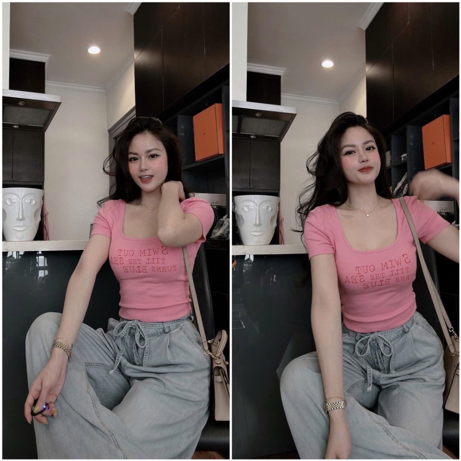 SÉT ÁO HỒNG CỘC TAY SWIM QUẦN JEAN