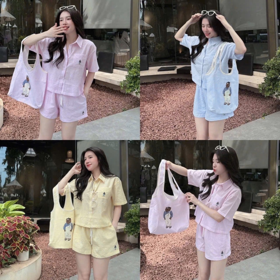 BỘ ĐÙI KẺ SƠ MI HÌNH GẤU KÈM TÚI