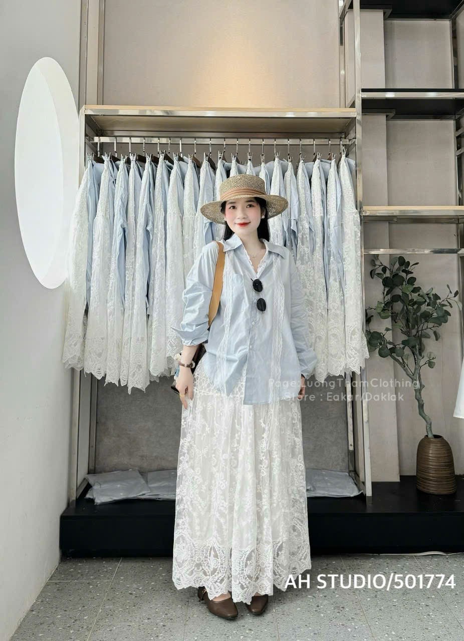M501774 - ÁO SƠ MI XANH PHỐI DÂY REN