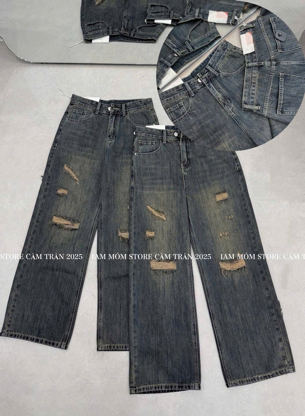 QUẦN JEAN SUÔNG XANH MÀI RÁCH 2 GỐI CT31