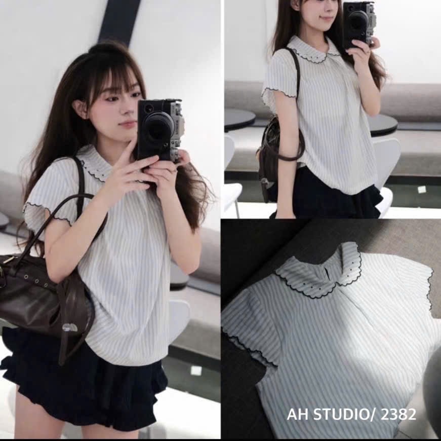 M2382 - SÉT ÁO SƠ MI KẺ CỔ SEN MIX CV TẦNG