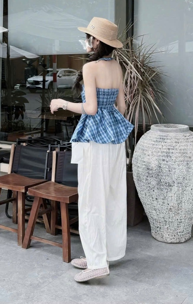 BỘ ÁO YẾM KẺ XANH QUẦN SUÔNG