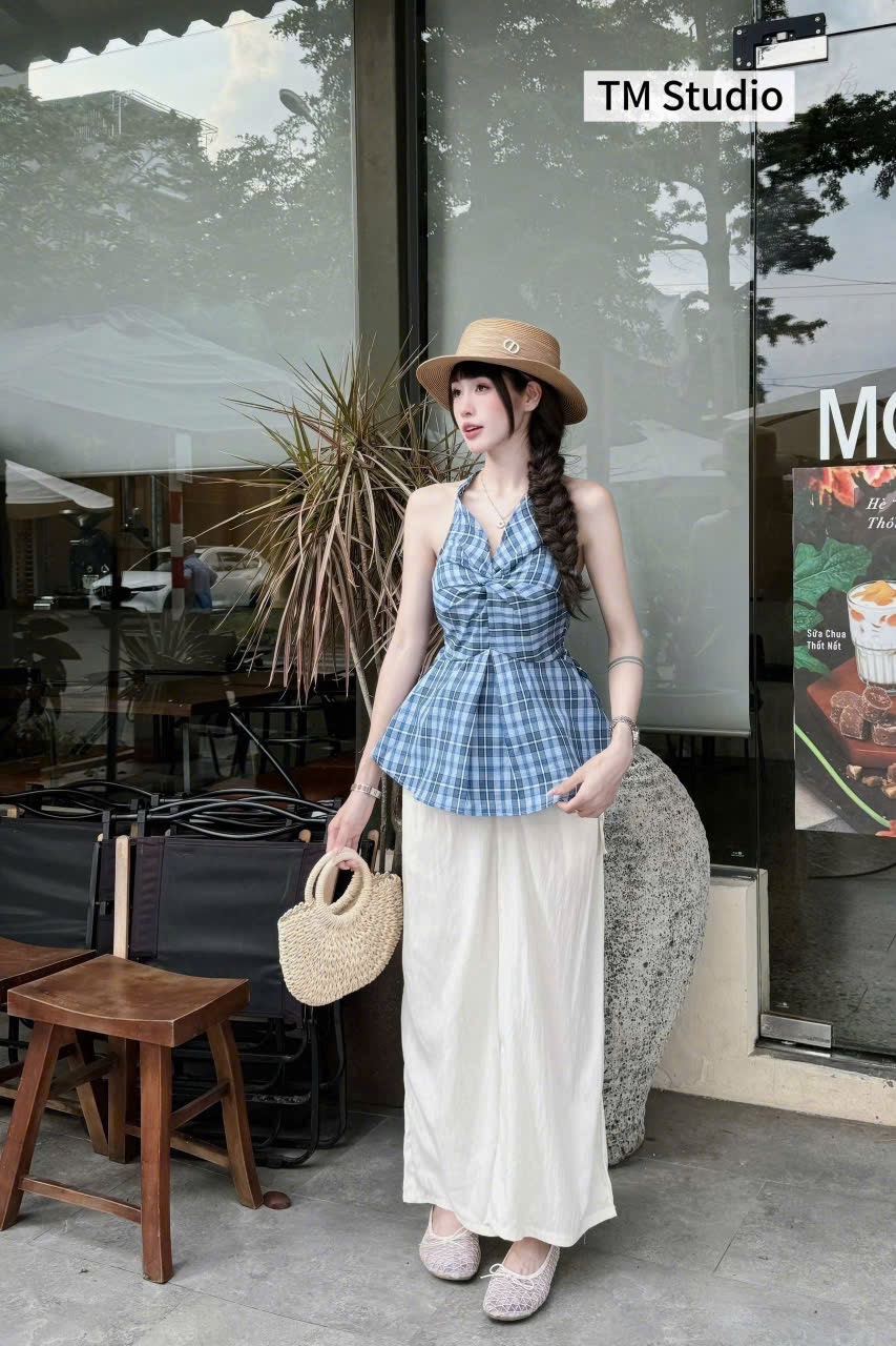 BỘ ÁO YẾM KẺ XANH QUẦN SUÔNG
