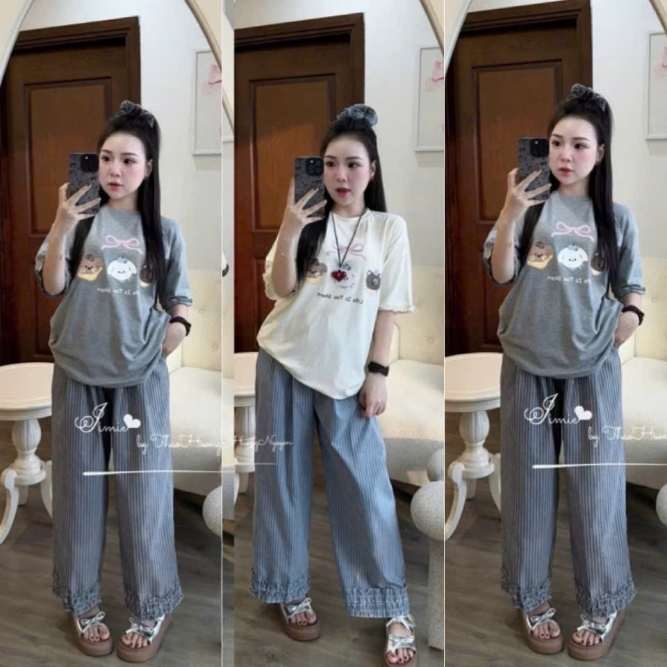 SET ÁO CỘC HÌNH CÚN NƠ MIX QUẦN JEAN GIẤY KẺ BÈO