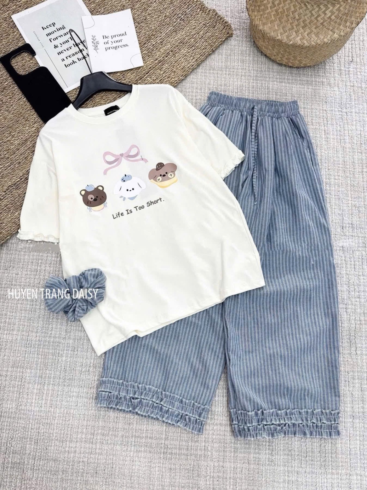 SET ÁO CỘC HÌNH CÚN NƠ MIX QUẦN JEAN GIẤY KẺ BÈO