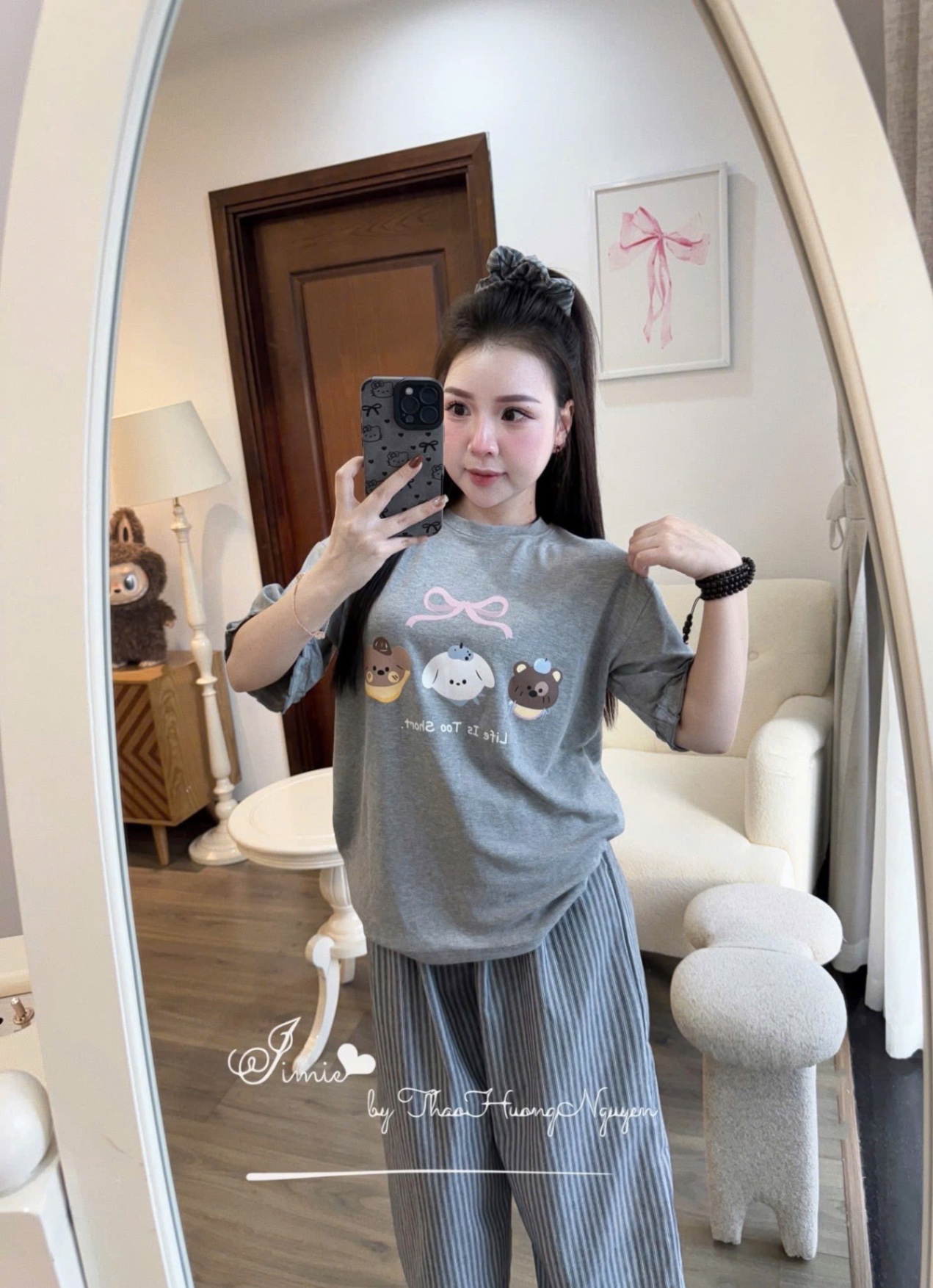 SET ÁO CỘC HÌNH CÚN NƠ MIX QUẦN JEAN GIẤY KẺ BÈO
