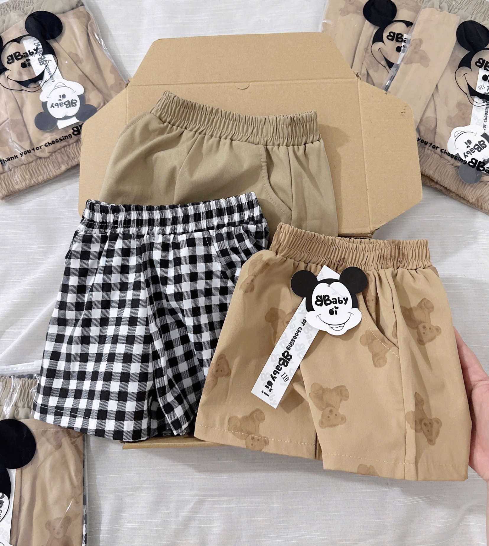 SET 3 QUẦN ĐÙI MICKY KẺ TONE NÂU