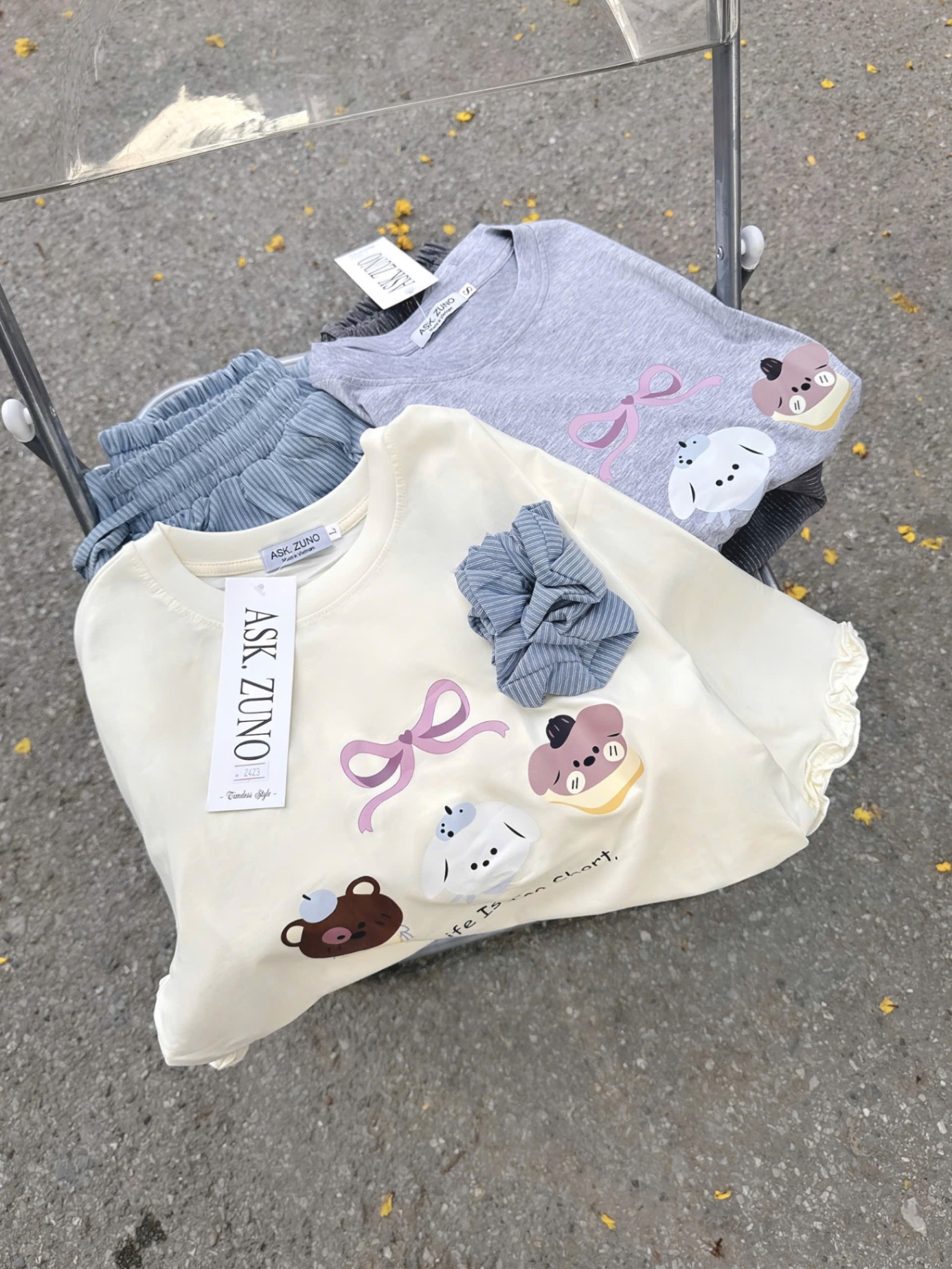SET ÁO CỘC HÌNH CÚN NƠ MIX QUẦN JEAN GIẤY KẺ BÈO
