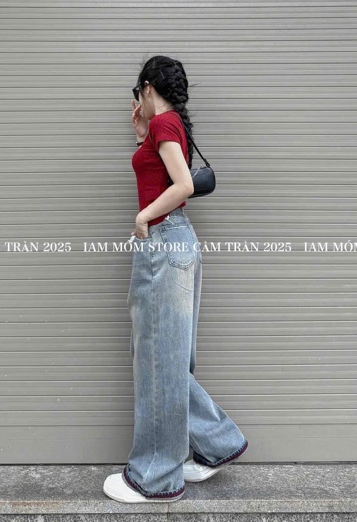QUẦN JEAN SUÔNG XANH PHỐI ĐỎ