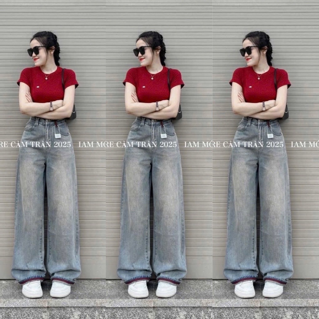 QUẦN JEAN SUÔNG XANH PHỐI ĐỎ