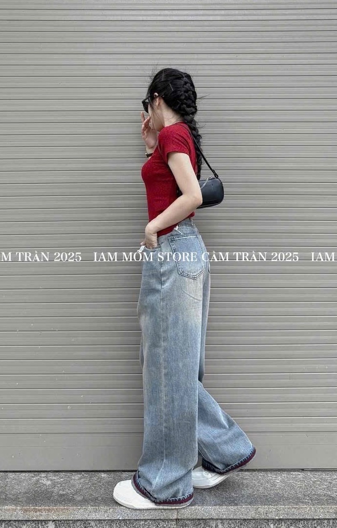 QUẦN JEAN SUÔNG XANH PHỐI ĐỎ