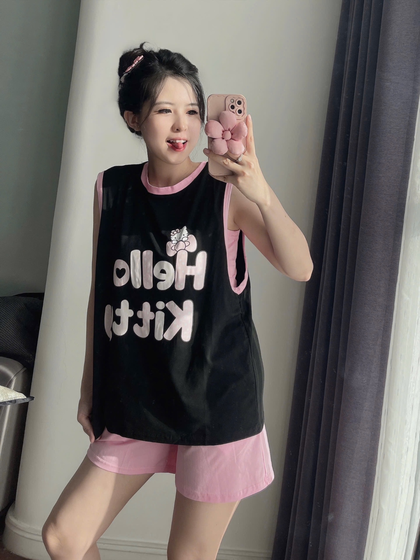 BỘ ĐÙI TANKTOP ĐEN GHI KITTY