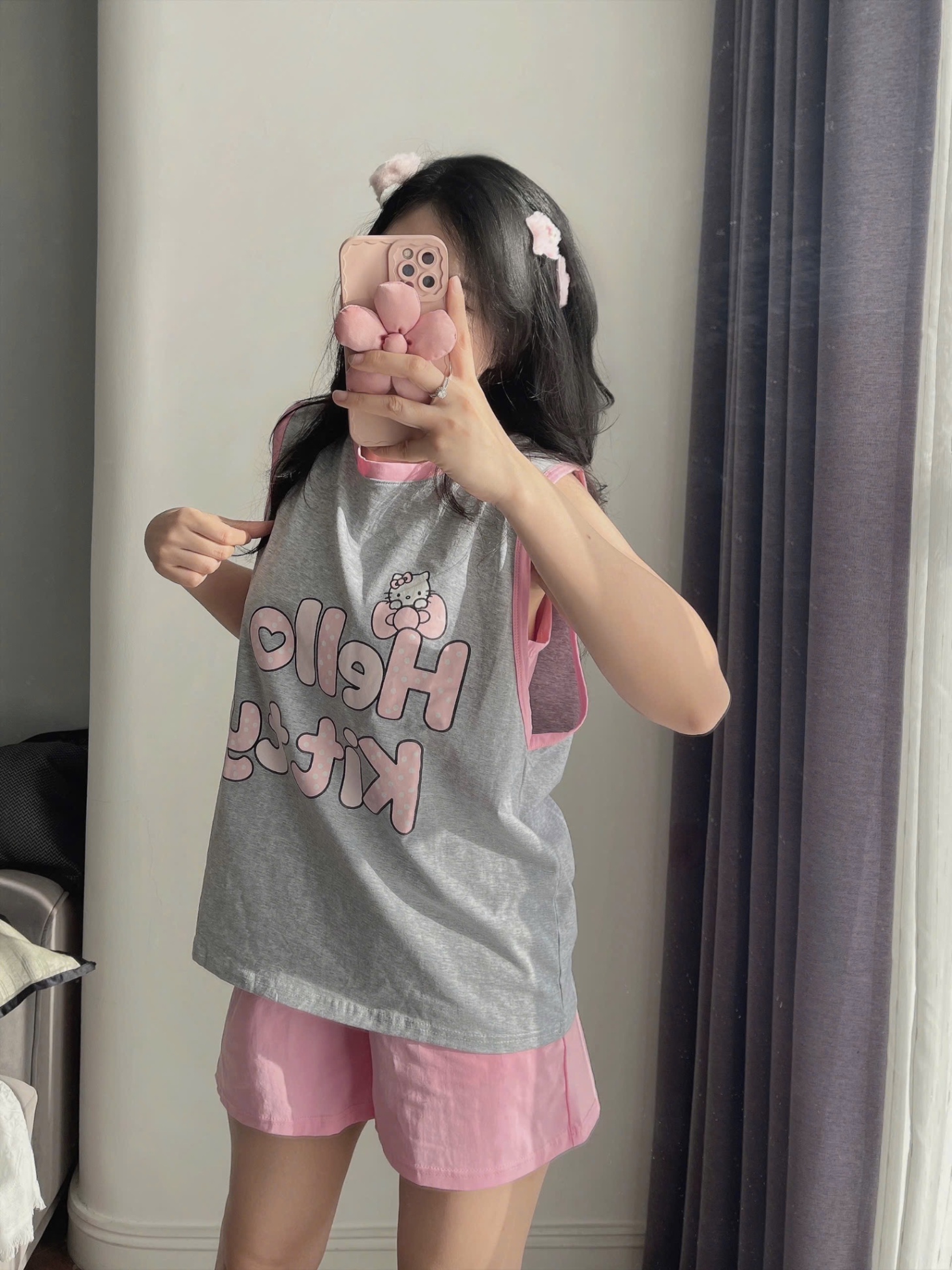 BỘ ĐÙI TANKTOP ĐEN GHI KITTY