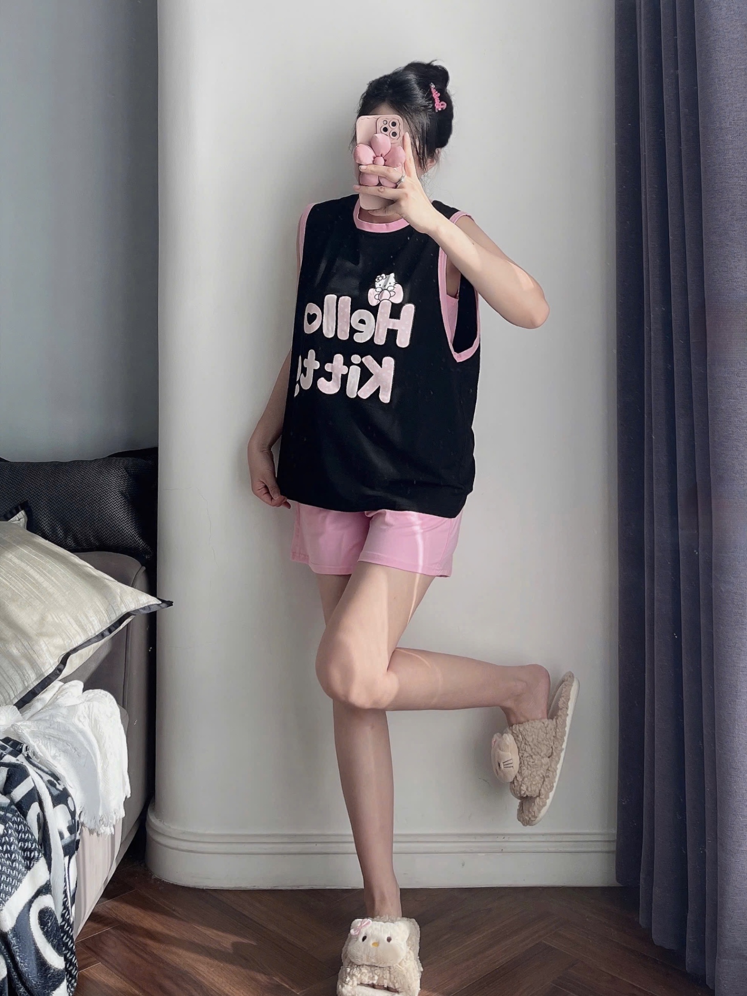 BỘ ĐÙI TANKTOP ĐEN GHI KITTY
