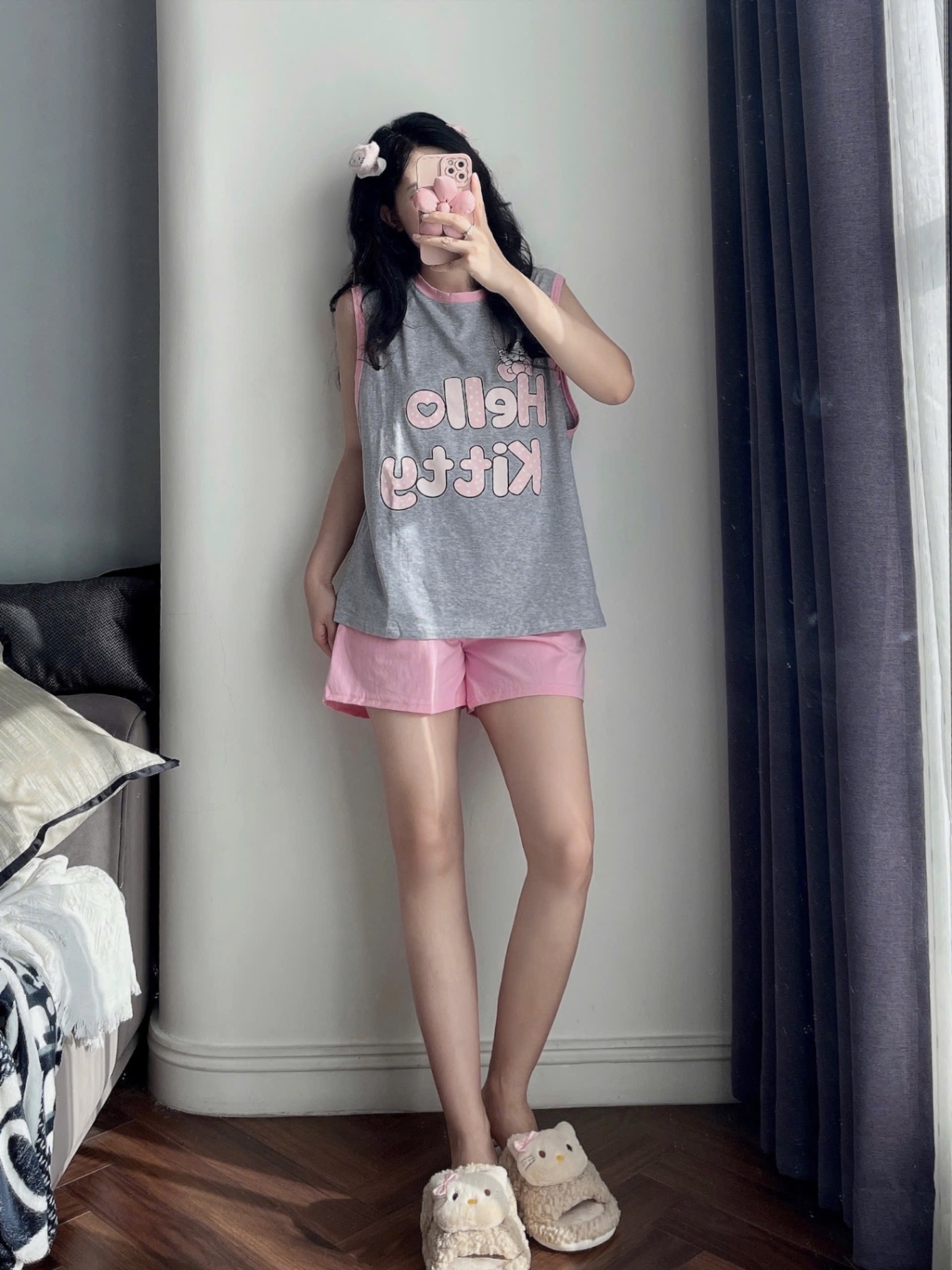 BỘ ĐÙI TANKTOP ĐEN GHI KITTY