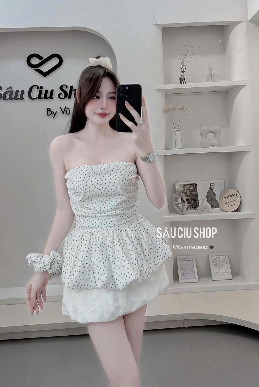 ÁO CÚP CHẤM BI KÈM CHUN TÓC