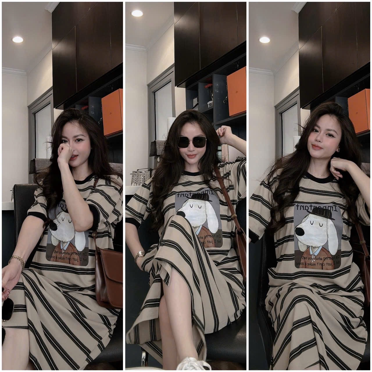 VÁY SUÔNG KẺ BE NÂU HÌNH CÚN