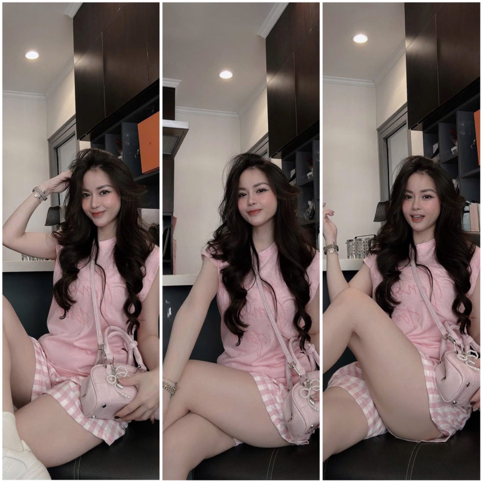 SET AO HỒNG TAY HẾN MIX QUẦN SOOC KẺ
