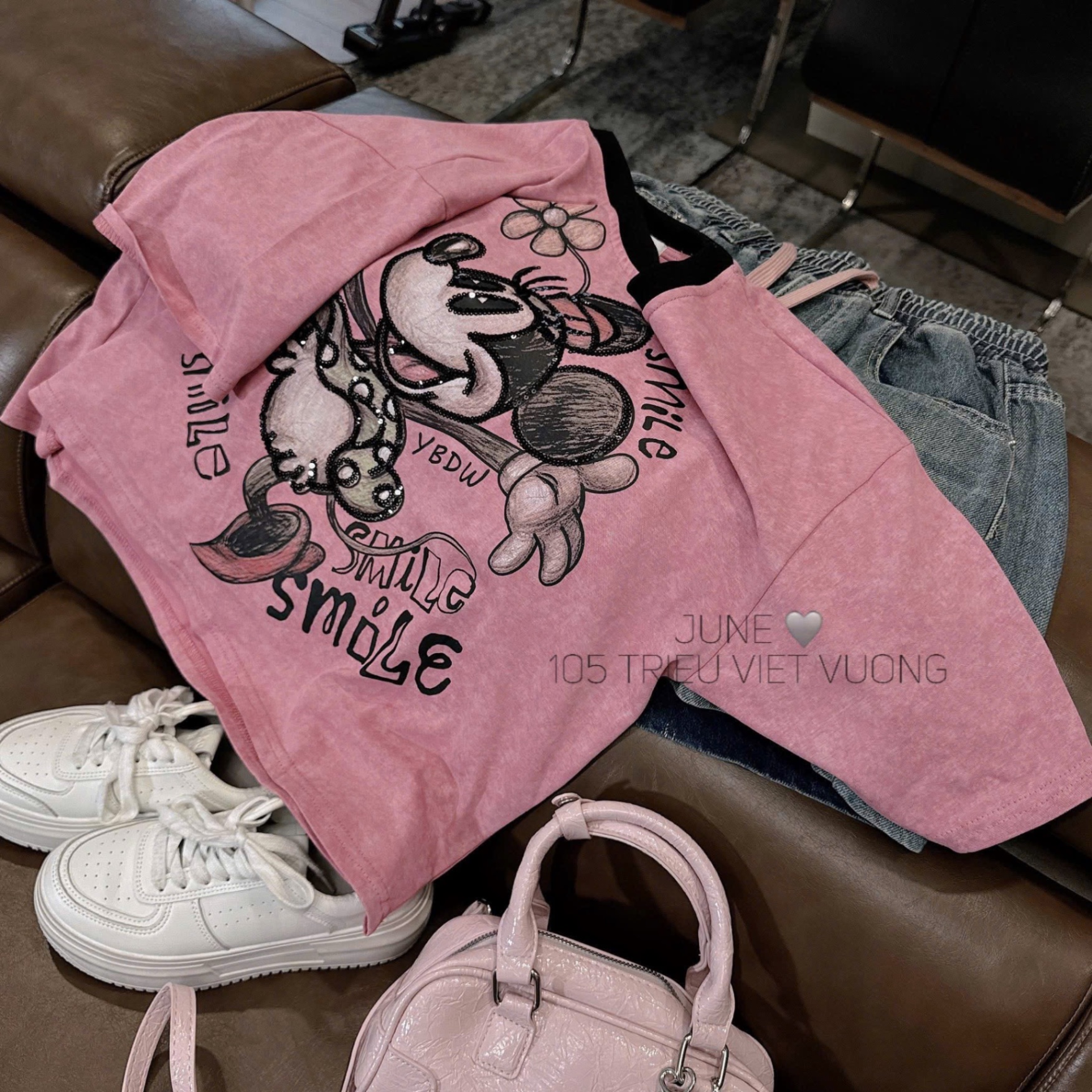 SET ÁO HỒNG MICKY SMILE QUẦN JEAN