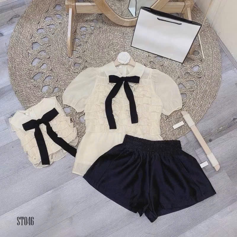 XẢ KHO ÁO SƠ MI XẾP LY NGỰC NƠ ĐEN