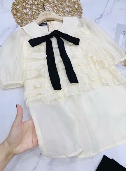 XẢ KHO ÁO SƠ MI XẾP LY NGỰC NƠ ĐEN