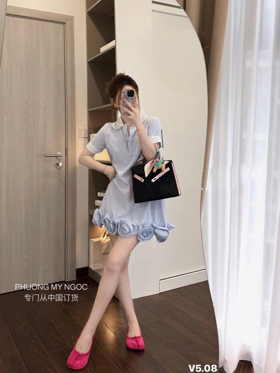 XẢ KHO VÁY KẺ XANH KẾT HOA
