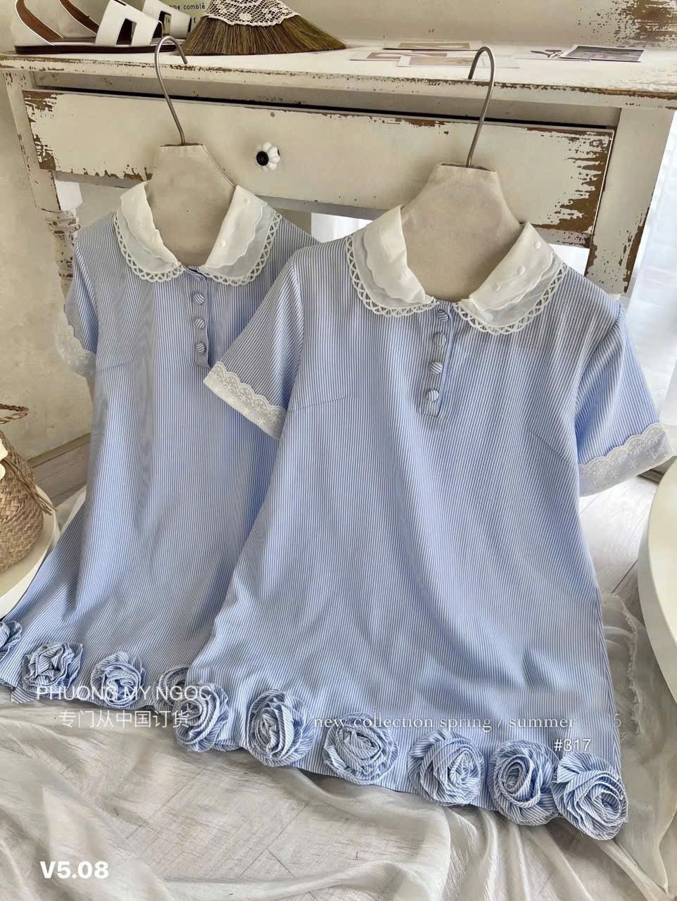 XẢ KHO VÁY KẺ XANH KẾT HOA