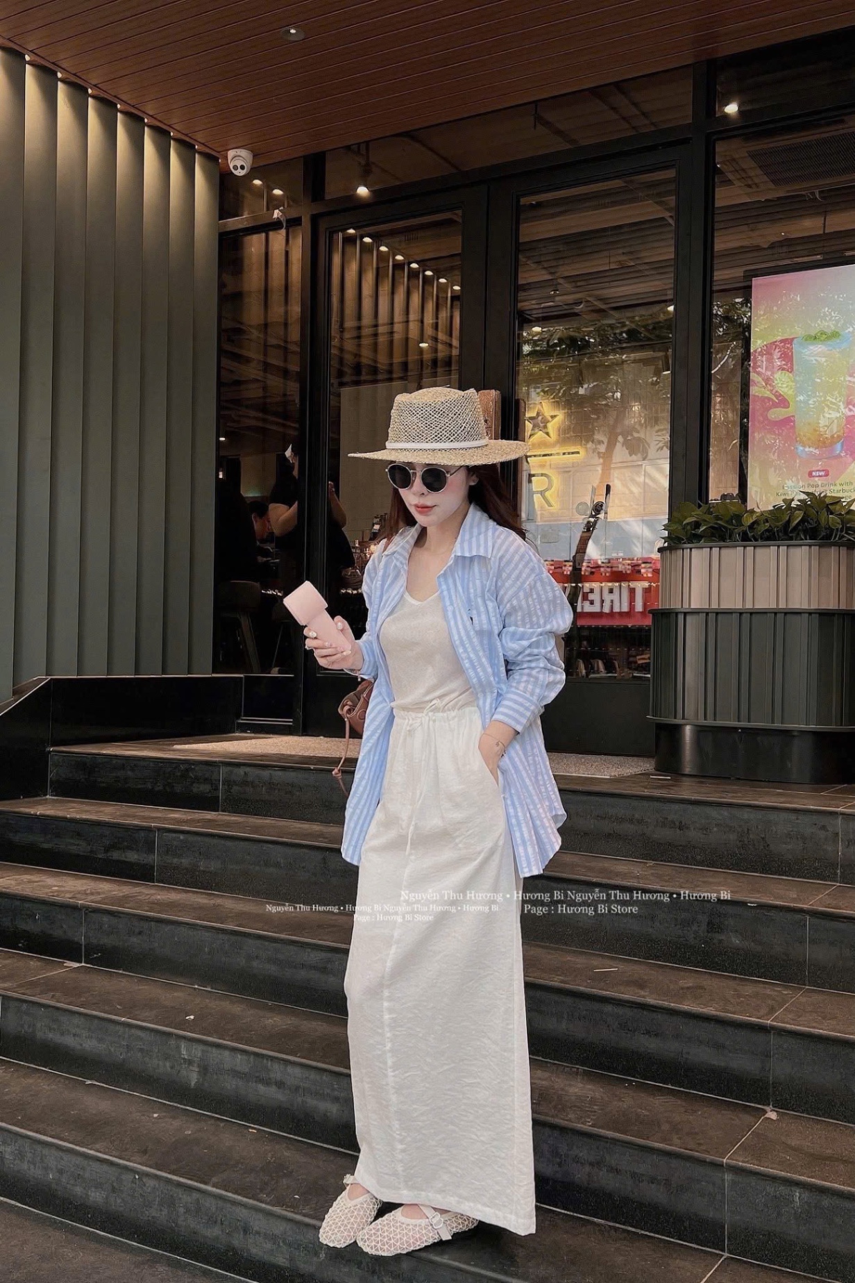 SET ÁO BA LỖ CV TRẮNG MIX SƠ MI KẺ XANH