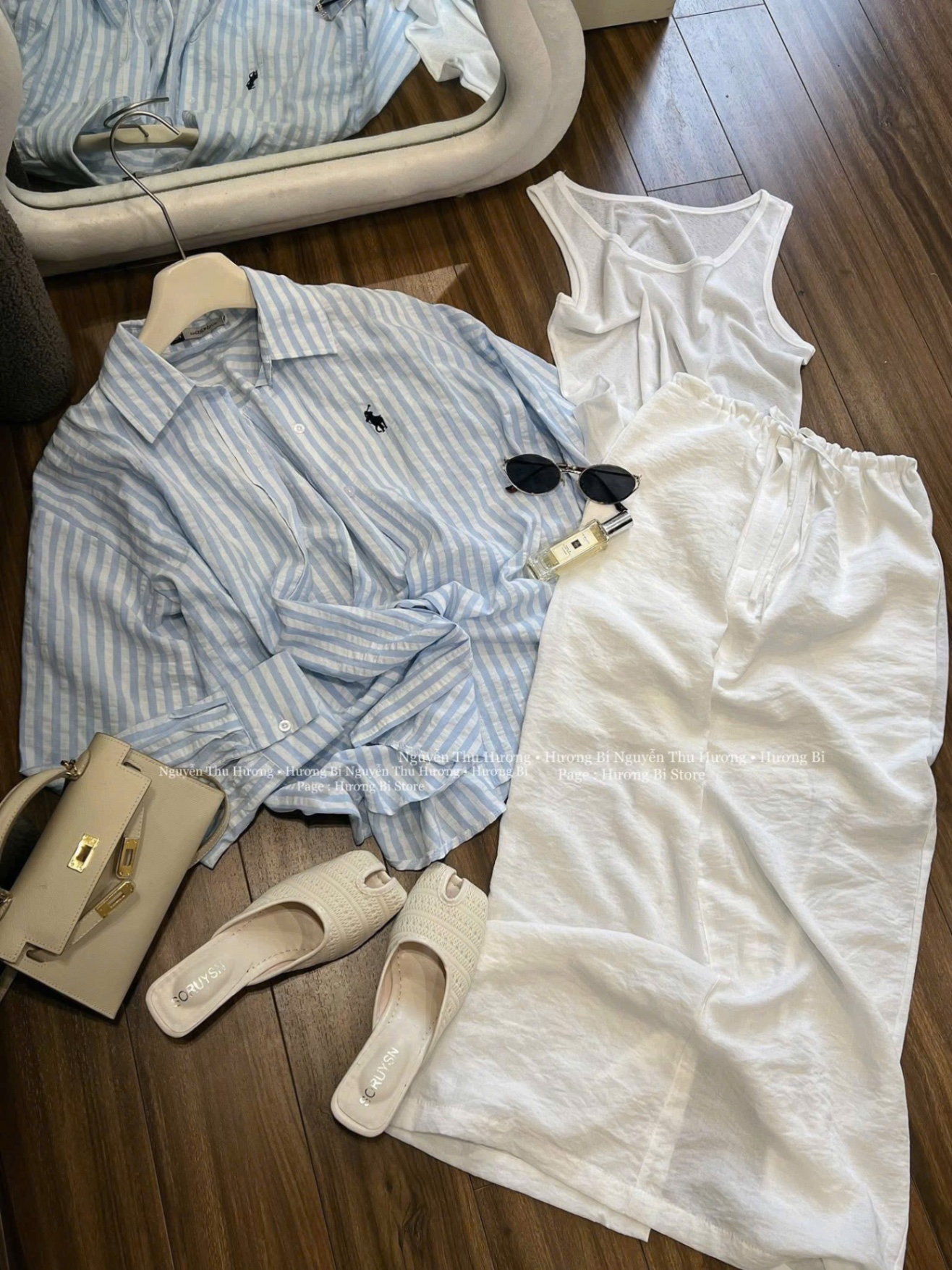 SET ÁO BA LỖ CV TRẮNG MIX SƠ MI KẺ XANH
