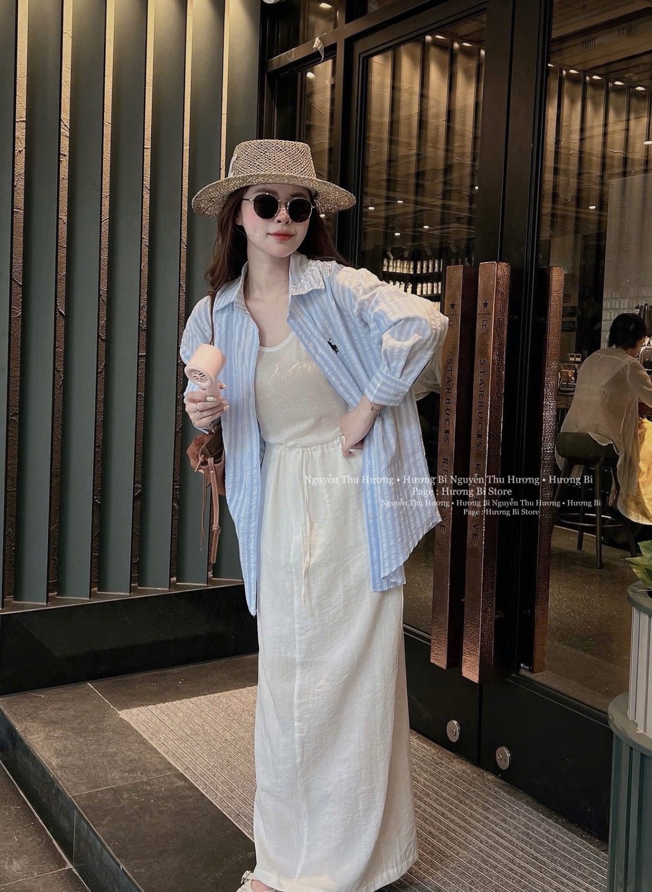 SET ÁO BA LỖ CV TRẮNG MIX SƠ MI KẺ XANH