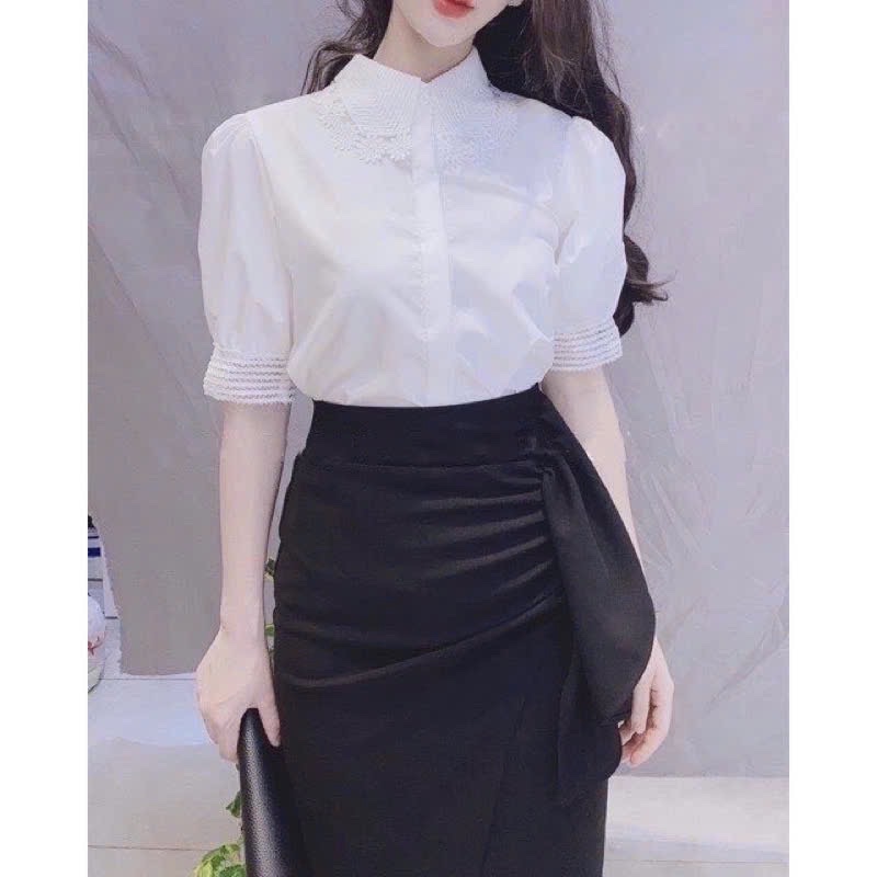 AO SƠ MI CỔ REN HOA